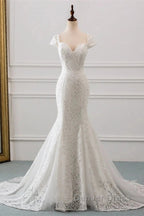 Mermaid Sweetheart Lace Long Wedding Dresses Bride Gown Cap Sleeves