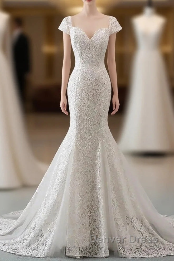 Mermaid Sweetheart Lace Long Wedding Dresses Bride Gown Cap Sleeves