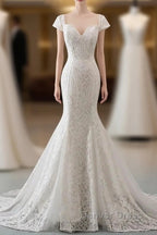Mermaid Sweetheart Lace Long Wedding Dresses Bride Gowns Cap Sleeves