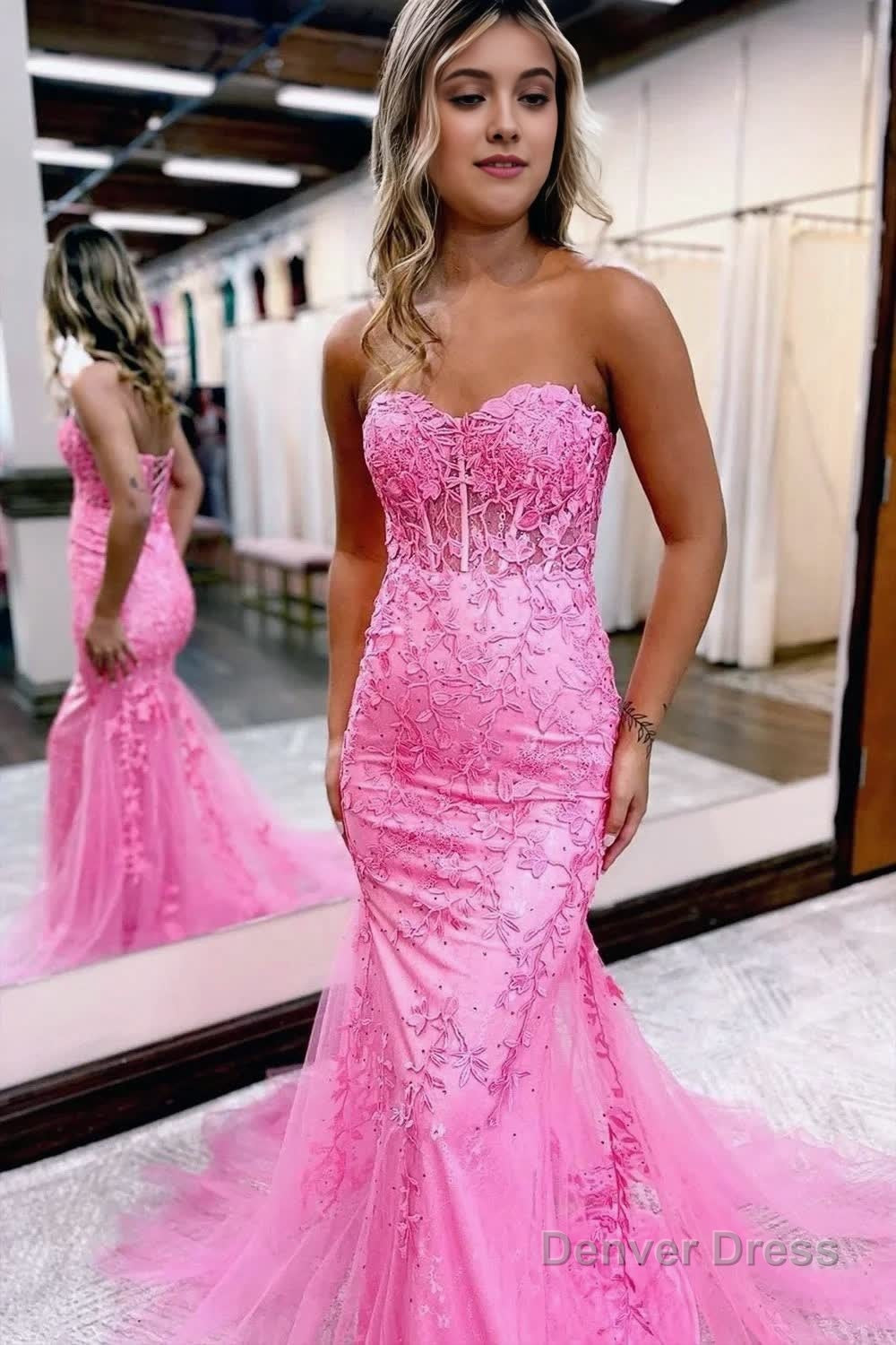 Mermaid Sweetheart Neck Lace Long Prom Dresses With Appliques