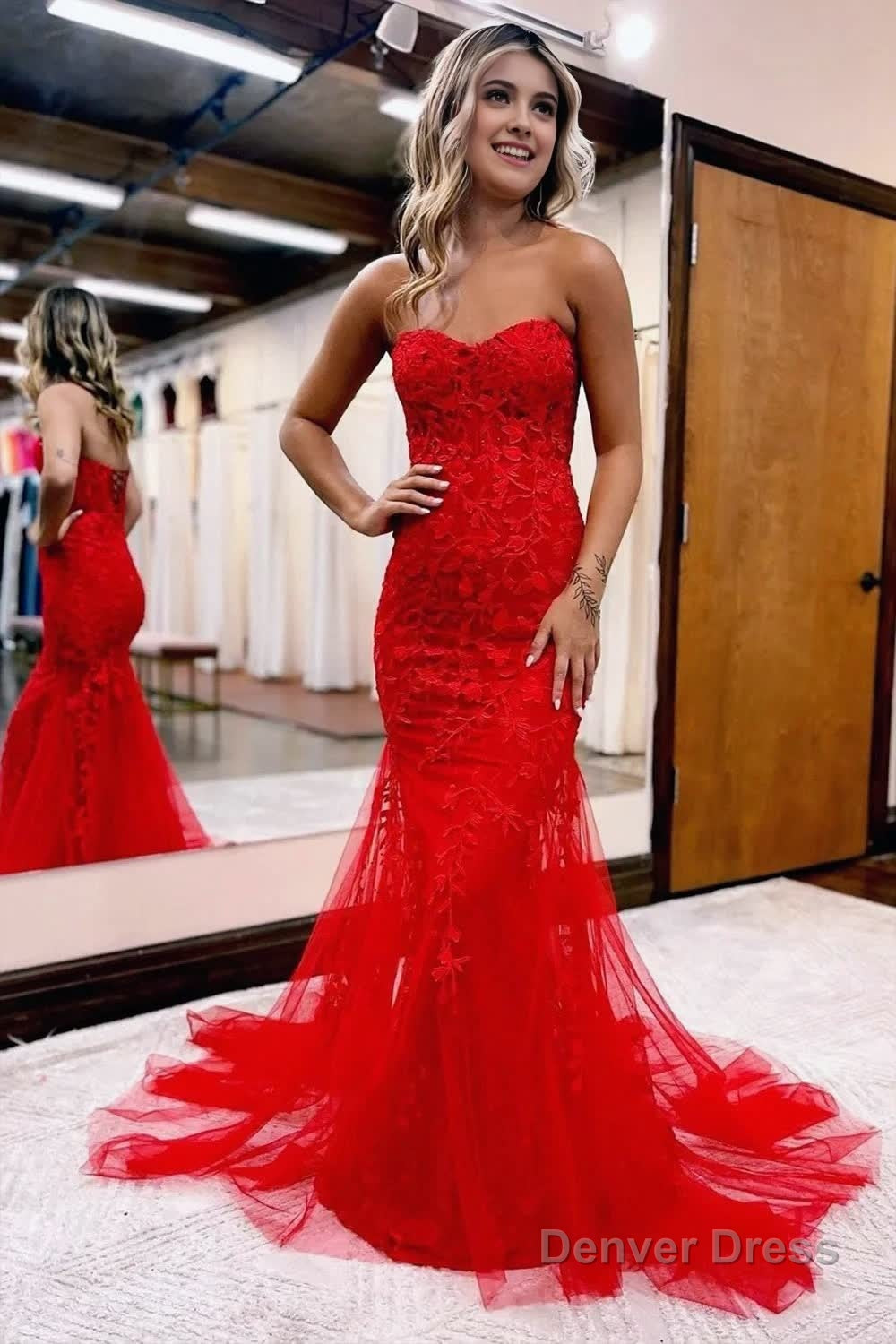 Mermaid Sweetheart Neck Lace Long Prom Dresses With Appliques