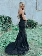 Mermaid Sweetheart Neck Lace Long Prom Dresses With Appliques