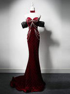 Mermaid Sweetheart Neck Velvet Beads Burgundy Long Prom Dresses