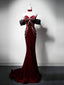 Mermaid Sweetheart Neck Velvet Beads Burgundy Long Prom Dresses
