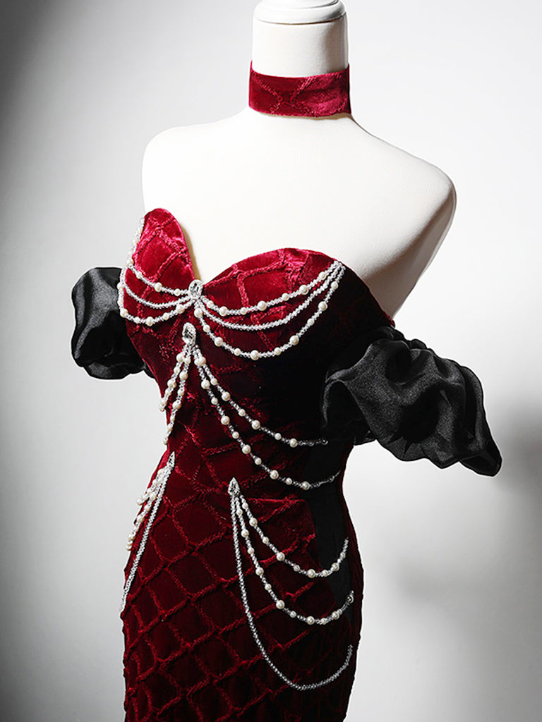 Mermaid Sweetheart Neck Velvet Beads Burgundy Long Prom Dresses