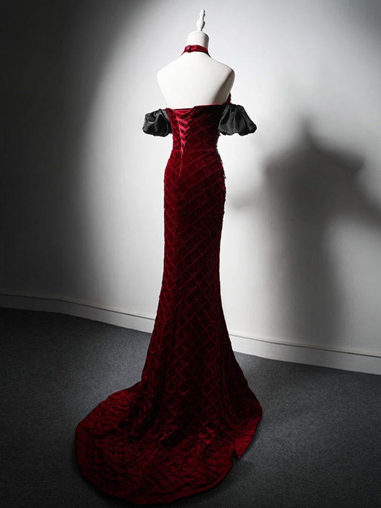 Mermaid Sweetheart Neck Velvet Beads Burgundy Long Prom Dresses