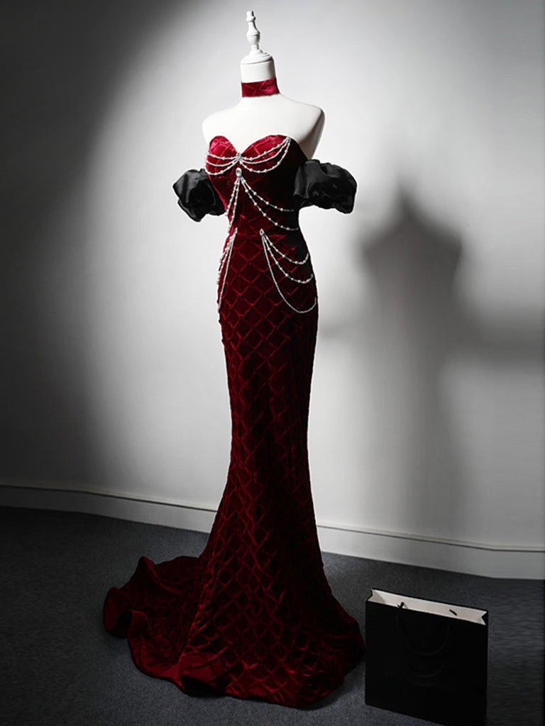 Mermaid Sweetheart Neck Velvet Beads Burgundy Long Prom Dresses