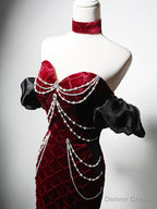 Mermaid Sweetheart Neck Velvet Burgundy Long Prom Dresses with Beads
