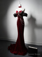 Mermaid Sweetheart Neck Velvet Burgundy Long Prom Dresses with Beads