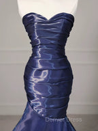 Mermaid Sweetheart Neck Water Satin Dark Blue Long Prom Dresses, Dark Blue Formal Dresses