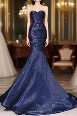 Mermaid Sweetheart Neck Water Satin Dark Blue Long Prom Dresses, Dark Blue Formal Dresses