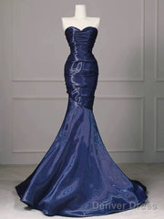 Mermaid Sweetheart Neck Water Satin Dark Blue Long Prom Dress, Dark Blue Formal Dress