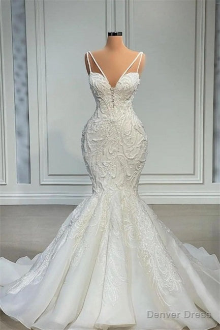Mermaid Sweetheart Spaghetti strap Lace Floor Length Sleeveless Applique Beaded Wedding Dresses Main image