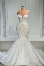 Mermaid Sweetheart Spaghetti strap Lace Floor Length Sleeveless Applique Beaded Wedding Dresses