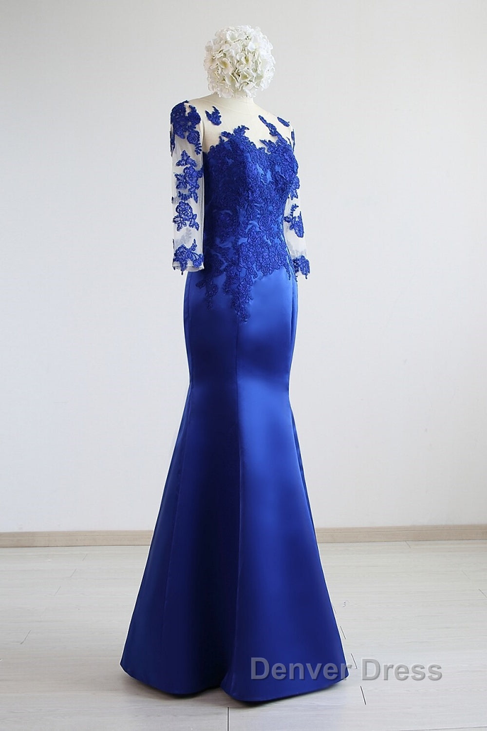Mermaid Trumpet Prom Gowns Elegant Dresses Prom Floor Length Half Sleeve Illusion Neck Satin With Pleats