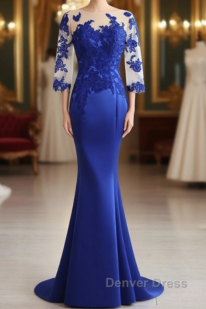 Mermaid Trumpet Prom Gowns Elegant Dresses Prom Floor Length Half Sleeve Illusion Neck Satin With Pleats