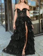 Mermaid / Trumpet Prom Dress Corsets Dresses Prom Court Train Sleeveless Off Shoulder Tulle With Sequin Slit