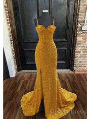 Mermaid / Trumpet Prom Dresses Sexy Dress Formal Sweep / Brush Train Sleeveless Sweetheart Sequined Backless With Sequin Slit