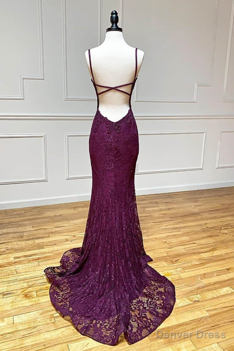 mermaid trumpet spaghetti straps grape lace beaded long Prom Dress Secondary image