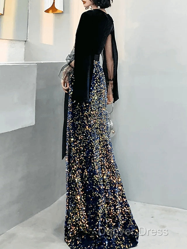 Mermaid / Trumpet Sparkle Gothic Prom Formal Evening Dresses V Neck Long Sleeve Floor Length Sequined Velvet With Sash / Ribbon Sequin Secondary image