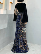 Mermaid / Trumpet Sparkle Gothic Prom Formal Evening Dresses V Neck Long Sleeve Floor Length Sequined Velvet With Sash / Ribbon Sequin