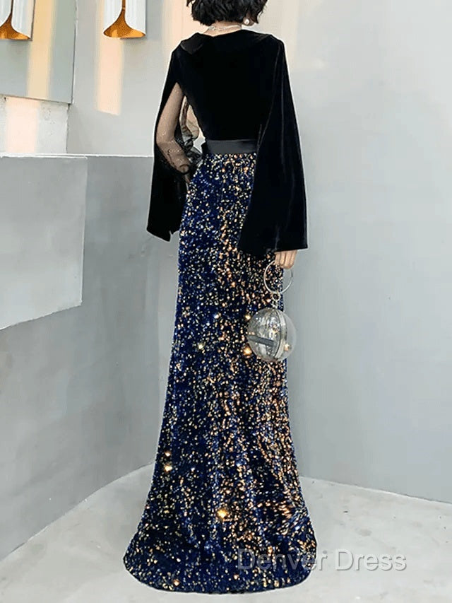 Mermaid / Trumpet Sparkle Gothic Prom Formal Evening Dresses V Neck Long Sleeve Floor Length Sequined Velvet With Sash / Ribbon Sequin