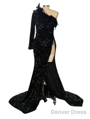 Mermaid / Trumpet Sparkle Sexy Wedding Guest Formal Evening Dress One Shoulder Long Sleeve Court Train Sequined With Feather Sequin Slit