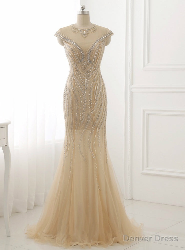 Mermaid Tulle Beading Prom Dresses O Neck Short Sleeve