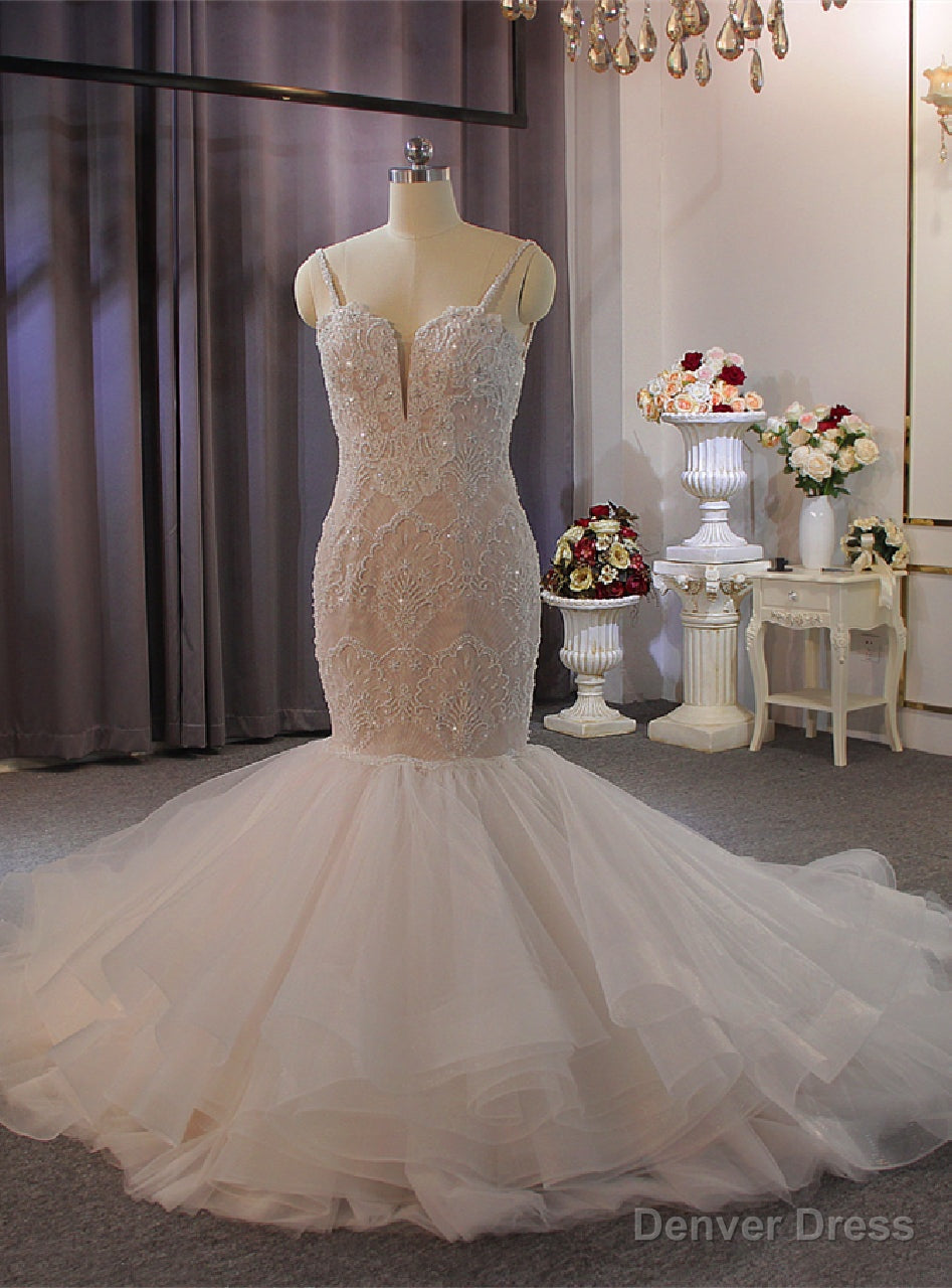 Mermaid Tulle Lace Beading Spaghetti Straps Wedding Dress Main image