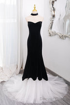Mermaid Tulle Velvet Black Long Prom Dress, Mermaid Long Formal Dress