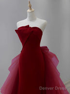 Mermaid Tulle Velvet Burgundy Long Prom Dress, Burgundy Long Evening Dress