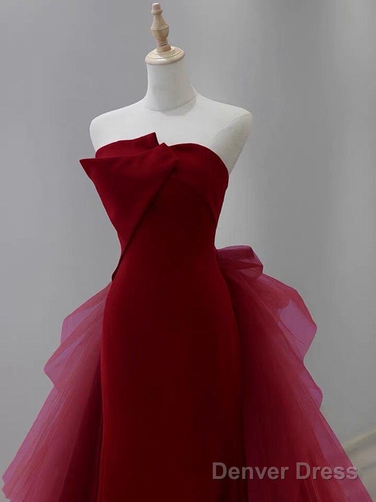 Mermaid Tulle Velvet Burgundy Long Prom Dress, Burgundy Long Evening Dress