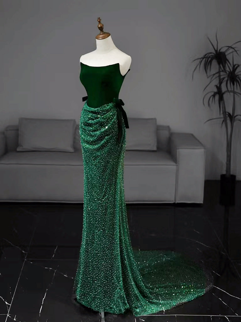 Mermaid Tulle Velvet Green Long Prom Dresses, Green Long Formal Dresses Main image