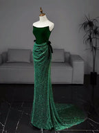 Mermaid Tulle Velvet Green Long Prom Dresses, Green Long Formal Dresses