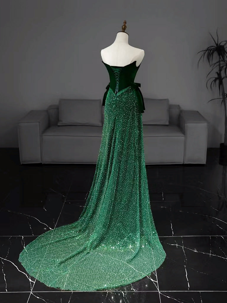 Mermaid Tulle Velvet Green Long Prom Dresses, Green Long Formal Dresses Secondary image