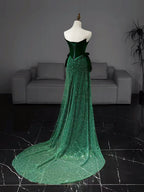 Mermaid Tulle Velvet Green Long Prom Dresses, Green Long Formal Dresses