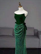 Mermaid Tulle Velvet Green Long Prom Dresses, Green Long Formal Dresses