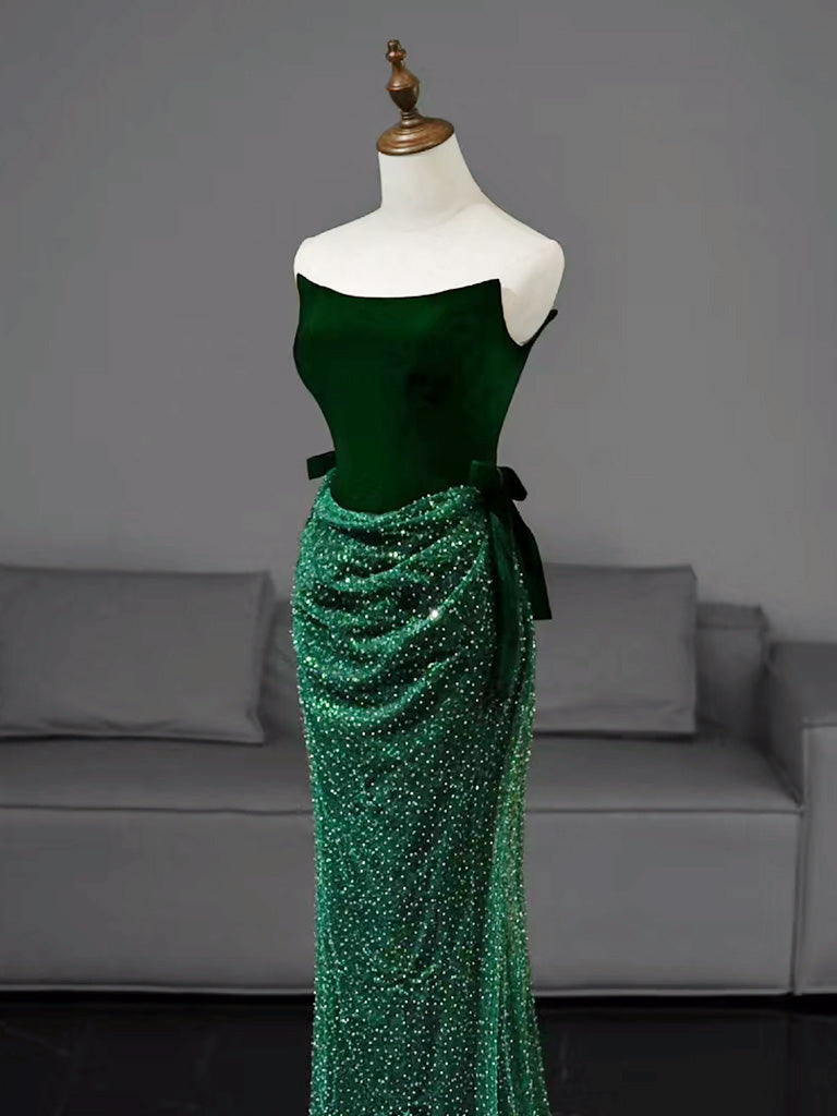 Mermaid Tulle Velvet Green Long Prom Dresses, Green Long Formal Dresses