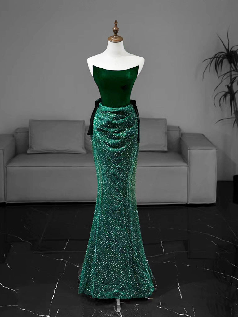 Mermaid Tulle Velvet Green Long Prom Dresses, Green Long Formal Dresses