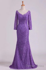 Mermaid V Neck 3/4 Length Sleeve Lace Floor Length Mother Of The Bride Dresses