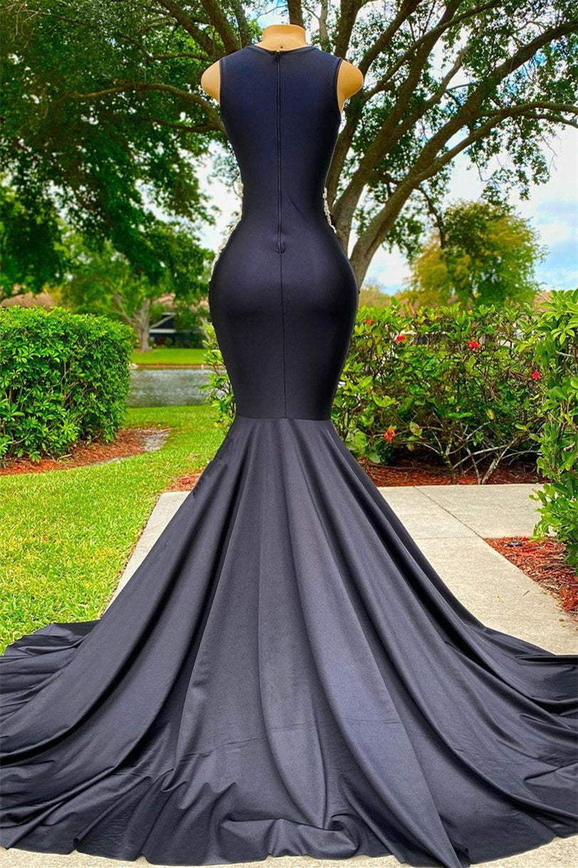 Mermaid V-Neck Appliques Lace Sequined Open Back One Shoulder Floor-Length Sleeveless Prom Dress