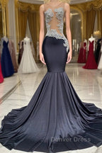 Mermaid V Neck Appliques Lace Sequined Open Back One Shoulder Floor Length Sleeveless Prom Dresses
