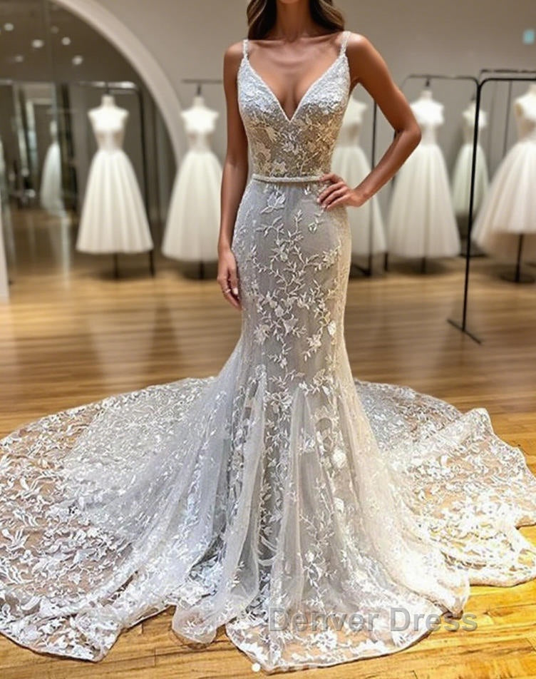 Mermaid V Neck Backless White Lace Long Prom Dress, Mermaid Ivory Lace Prom Dress, Ivory Lace Prom Dresses Main image