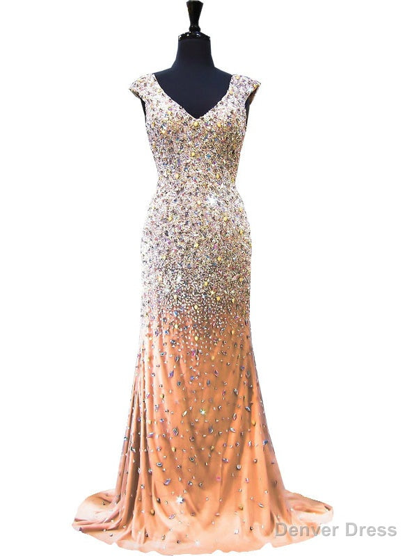 Mermaid V Neck Beaded Crystals Floor Length Champagne Prom Dresses