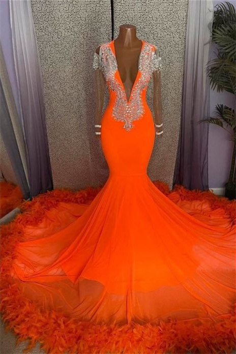 Mermaid V-Neck Beaded Sequined Floor-Length Long Sleeves With Feather Prom Dress Main image