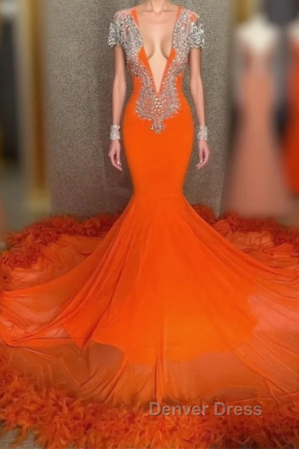 Mermaid V-neck Beaded Sequined Floor-length Long Sleeves With Feather Prom Dresses