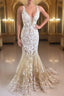 Mermaid V Neck Champagne Lace Prom Dress, Mermaid Champagne Prom Dress, Champagne Lace Prom Dresses