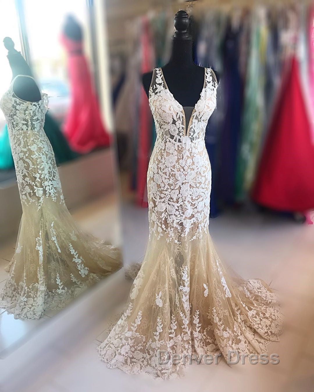 Mermaid V Neck Champagne Lace Prom Dress, Mermaid Champagne Prom Dress, Champagne Lace Prom Dresses Secondary image