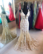 Mermaid V Neck Champagne Lace Prom Dress, Mermaid Champagne Prom Dress, Champagne Lace Prom Dresses