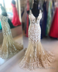 Mermaid V Neck Champagne Lace Prom Dress, Mermaid Champagne Formal Dress